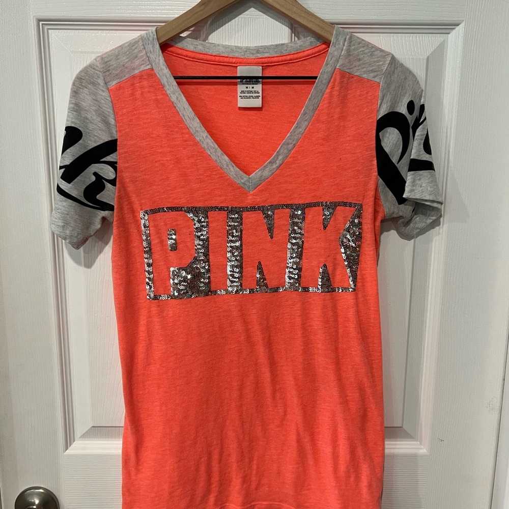 PINK tshirt Orange, Sequin, printed sleeves Medium
